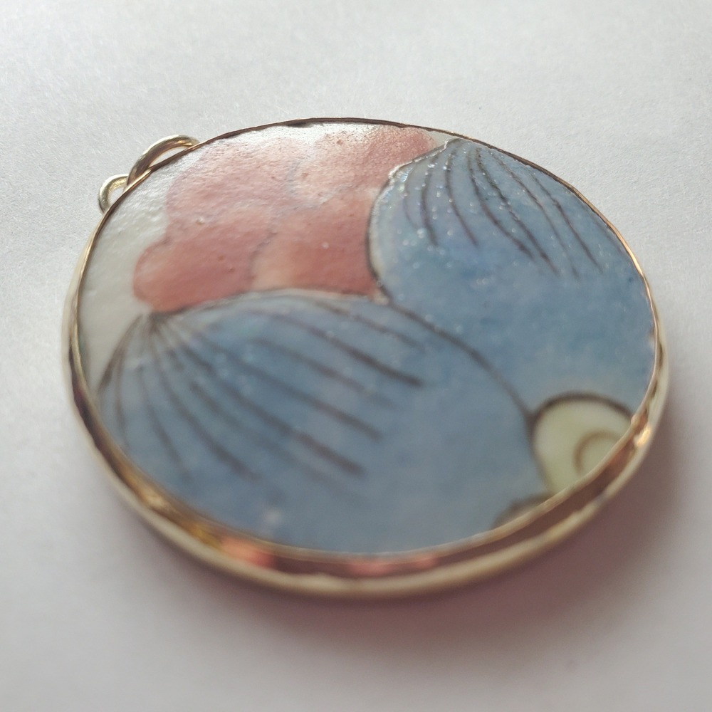Vintage Hand Painted Porcelain Floral Round Pendant Blue Orange Pottery Shard - Picture 5 of 10